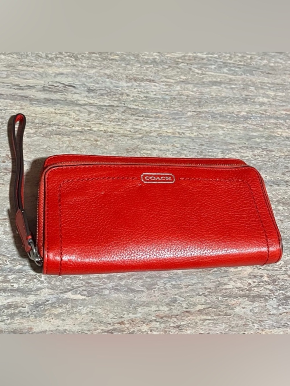 Coach Red Pebble Grain Leather Double Zippered Wallet Wristlet